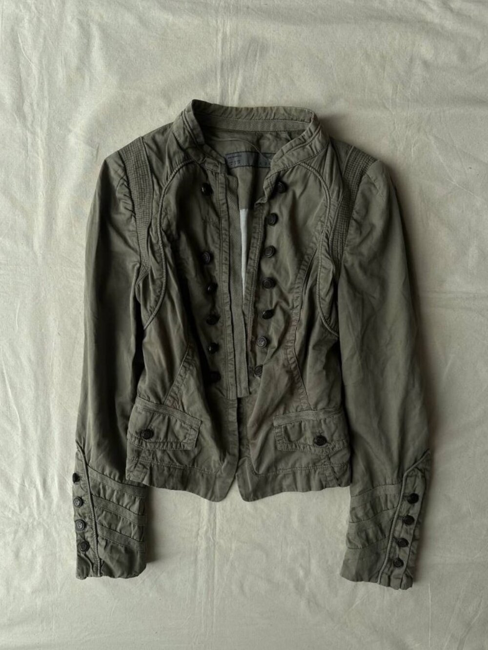 Vintage Olive Green Military Utility Jacket Cropped Button Front Cargo Jacket